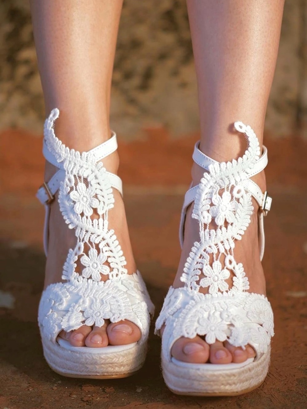 White Crochet Espadrille Wedge Sandals with Floral Lace Straps